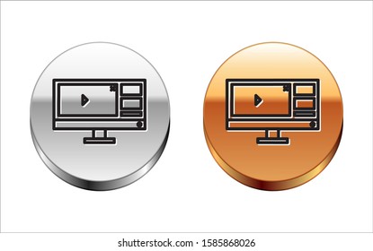 Black line Video recorder or editor software on computer monitor icon isolated on white background. Silver-gold circle button. Vector Illustration