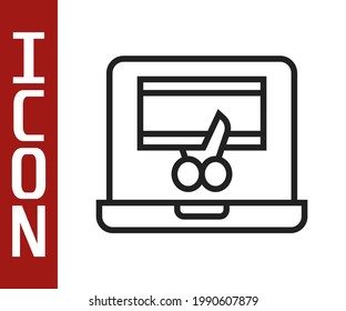 Black line Video recorder or editor software on laptop icon isolated on white background. Video editing on a laptop.  Vector