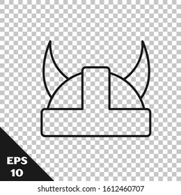 Black line Viking in horned helmet icon isolated on transparent background.  Vector Illustration