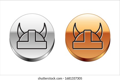 Black line Viking in horned helmet icon isolated on white background. Silver-gold circle button. Vector Illustration