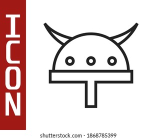 Black line Viking in horned helmet icon isolated on white background.  Vector