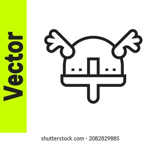 Black line Viking in horned helmet icon isolated on white background.  Vector