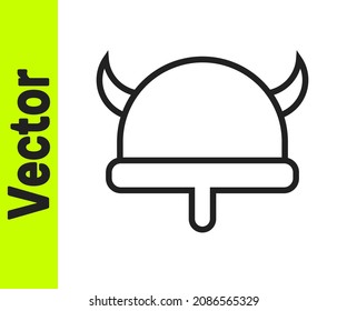 Black line Viking in horned helmet icon isolated on white background.  Vector