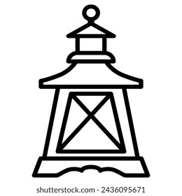 Black Line Vintage Lantern Symbol Icon Vector. Illustration of a hanging candle lantern or antique kerosene lamp