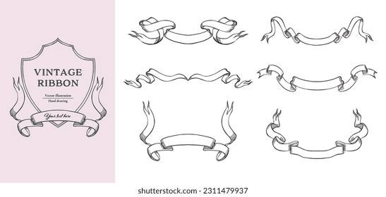 Black line vintage ribbon vector illustration set. Hand drawn line art for wedding design. 