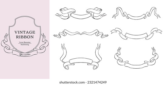 Black line vintage ribbon vector illustration set. Hand drawn line art for wedding design. 