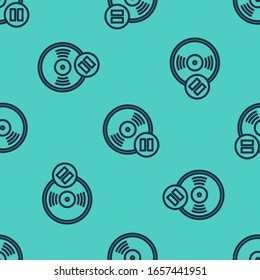 Icono de disco de vinilo de línea negra aislado sin fisuras en fondo verde.  Ilustración vectorial