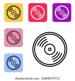 Schwarze Linie Vinyl-Disk-Symbol isoliert auf weißem Hintergrund. Symbole in farbigen quadratischen Buttonen festlegen. Vektorgrafik