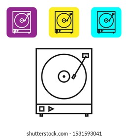 Black line Vinyl player with a vinyl disk icon isolated on white background. Set icons colorful square buttons. Vector Illustration