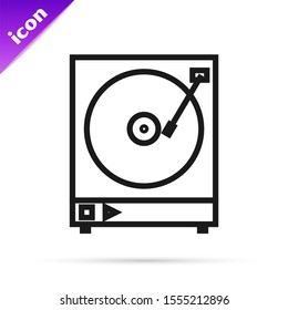 Black line Vinyl player with a vinyl disk icon isolated on white background.  Vector Illustration