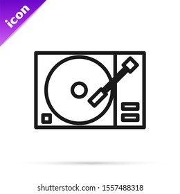 Black line Vinyl player with a vinyl disk icon isolated on white background.  Vector Illustration