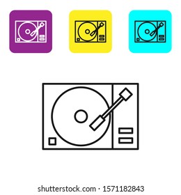 Black line Vinyl player with a vinyl disk icon isolated on white background. Set icons colorful square buttons. Vector Illustration
