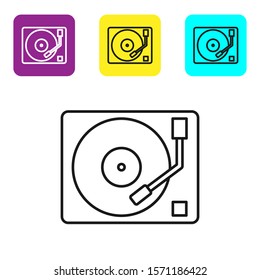 Black line Vinyl player with a vinyl disk icon isolated on white background. Set icons colorful square buttons. Vector Illustration