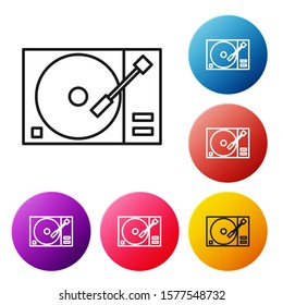Black line Vinyl player with a vinyl disk icon isolated on white background. Set icons colorful circle buttons. Vector Illustration