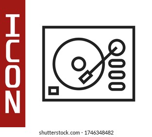 Black line Vinyl player with a vinyl disk icon isolated on white background.  Vector Illustration