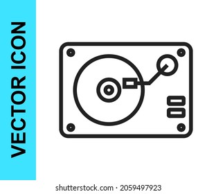 Black line Vinyl player with a vinyl disk icon isolated on white background.  Vector