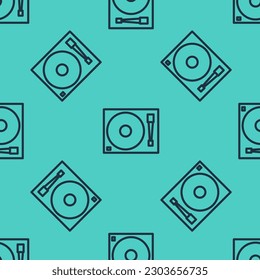 Black line Vinyl player with a vinyl disk icon isolated seamless pattern on green background.  Vector Illustration