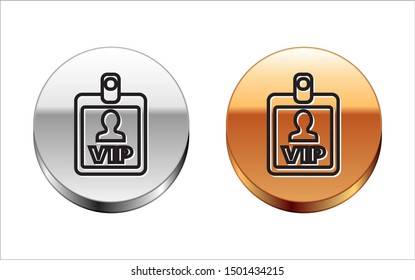 Black line VIP badge icon isolated on white background. Silver-gold circle button. Vector Illustration