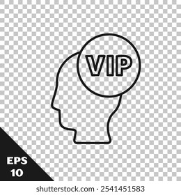 Línea negra Vip dentro del icono de la cabeza humana aislado en fondo transparente.  Vector