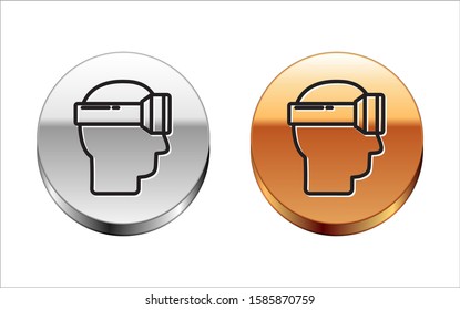 Black line Virtual reality glasses icon isolated on white background. Stereoscopic 3d vr mask. Silver-gold circle button. Vector Illustration
