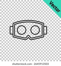 Linha preta Ícone de óculos de realidade virtual isolado no fundo transparente. Máscara vr 3d estereoscópica. Monitor montado na cabeça óptica.  Vetor