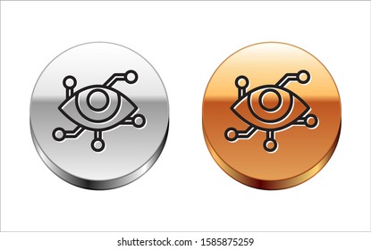 Black line Virtual reality icon isolated on white background. Silver-gold circle button. Vector Illustration