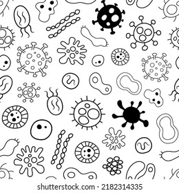 Black line Virus Bacteria seamless pattern. Design for paper, covers, cards, fabrics, background and any. Vector illustration.