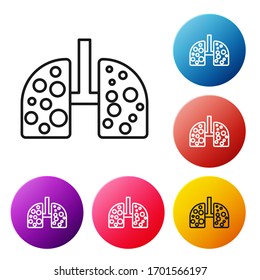 Schwarze Viruszellen in Lungen Symbol einzeln auf weißem Hintergrund. Infizierte Lungen. Coronavirus, COVID-19. 2019-nCoV Stellen Sie die Symbole bunter Kreis-Schaltflächen ein. Vektorillustration-Illustration