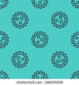Black line Virus icon isolated seamless pattern on green background. Corona virus 2019-nCoV. Bacteria and germs, cell cancer, microbe, fungi.  Vector Illustration
