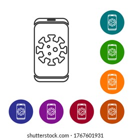 Black line Virus statistics on mobile icon isolated on white background. Corona virus 2019-nCoV. Bacteria and germs, cell cancer, microbe, fungi. Set icons in color circle buttons. Vector.