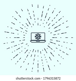 Black line Virus statistics on laptop icon isolated on grey background. Corona virus 2019-nCoV. Bacteria and germs, cell cancer, microbe, fungi. Abstract circle random dots. Vector.