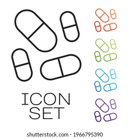 Black line Vitamin complex of pill capsule icon isolated on white background. Healthy lifestyle. Set icons colorful. Vector