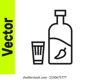 Black line Vodka with pepper and glass icon isolated on white background. Ukrainian national alcohol.  Vector Illustration