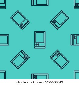 Black line Voice assistant icon isolated seamless pattern on green background. Voice control user interface smart speaker.  Vector Illustration