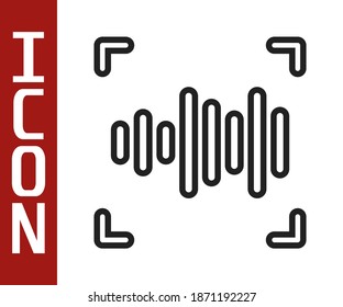 Icono de reconocimiento de voz de línea negra aislado en fondo blanco. Autenticación de acceso biométrico de voz para reconocimiento de identidad personal. Ciberseguridad.  Vector