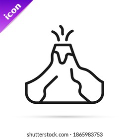 Black line Volcano eruption with lava icon isolated on white background.  Vector