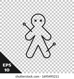 Black line Voodoo doll icon isolated on transparent background.  Vector Illustration
