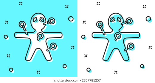 Black line Voodoo doll icon isolated on green and white background. Happy Halloween party. Random dynamic shapes. Vector