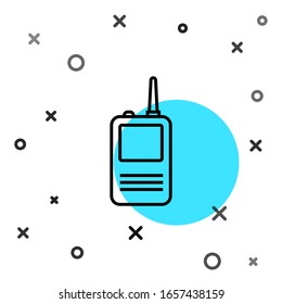 Black line Walkie talkie icon isolated on white background. Portable radio transmitter icon. Radio transceiver sign. Random dynamic shapes. Vector Illustration