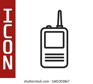 Black line Walkie talkie icon isolated on white background. Portable radio transmitter icon. Radio transceiver sign.  Vector Illustration
