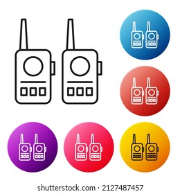 Black line Walkie talkie icon isolated on white background. Portable radio transmitter icon. Radio transceiver sign. Set icons colorful circle buttons. Vector Illustration