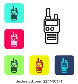 Black line Walkie talkie icon isolated on white background. Portable radio transmitter icon. Radio transceiver sign. Set icons in color square buttons. Vector