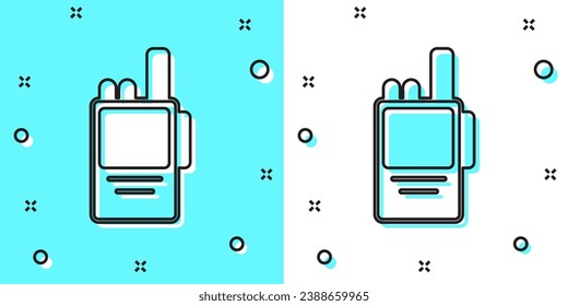 Black line Walkie talkie icon isolated on green and white background. Portable radio transmitter icon. Radio transceiver sign. Random dynamic shapes. Vector