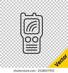 Linha preta Ícone Walkie talkie isolado no fundo transparente. Ícone do transmissor de rádio portátil. Sinal de transceptor de rádio.  Vetor