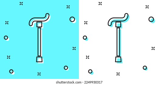 Black line Walking stick cane icon isolated on green and white background. Random dynamic shapes. Vector