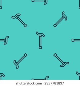 Black line Walking stick cane icon isolated seamless pattern on green background.  Vector