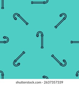 Black line Walking stick cane icon isolated seamless pattern on green background.  Vector