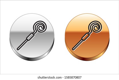 Black line Walking stick icon isolated on white background. Happy Saint Patricks day. Silver-gold circle button. Vector Illustration