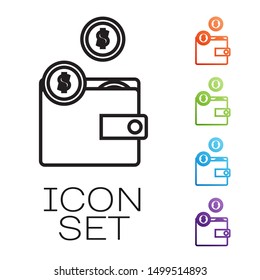 Black line Wallet with coins icon isolated on white background. Purse icon. Cash savings symbol. Set icons colorful. Vector Illustration