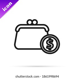 Black line Wallet with coins icon isolated on white background. Purse icon. Cash savings symbol.  Vector